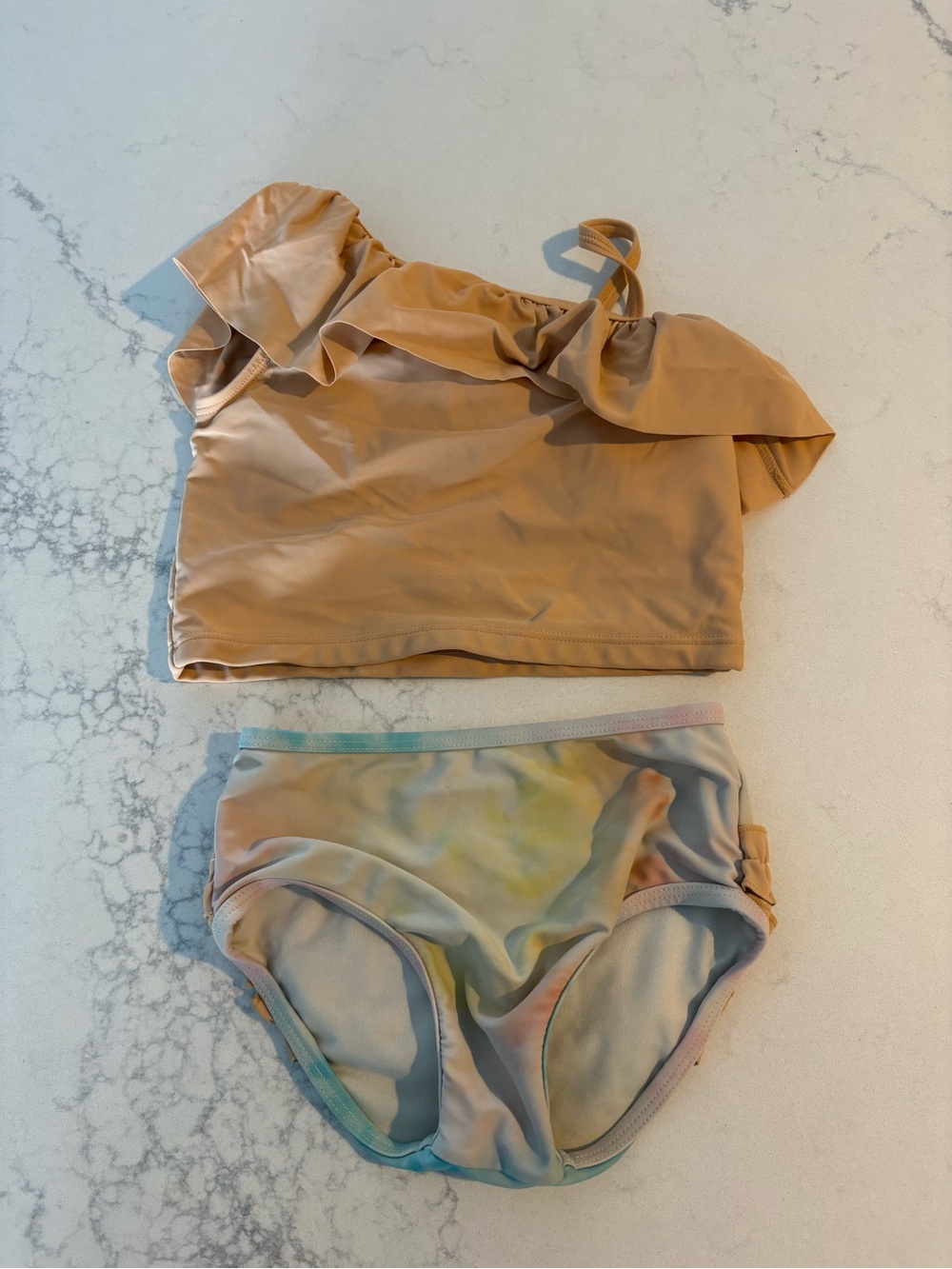 Girls Peach Ruffle One-Shoulder Bikini Set with Pastel Tie-Dye Bottoms